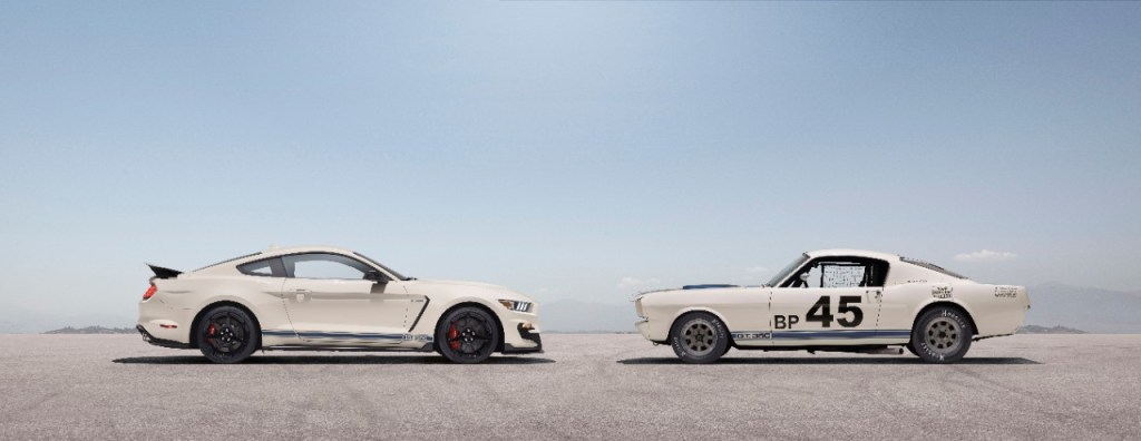 A 2020 Ford Mustang Shelby GT350R its nose to nose with the original 1965 GT350R that inspired it