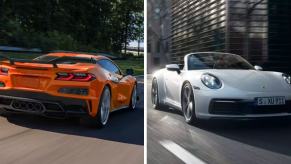 A rear shot of a 2024 Chevy Corvette Z06 (L) and a front-facing shot of a Porsche 911 Carrera (R) sports cars