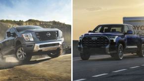 The 2024 model years of the Nissan Titan (L) and Toyota Tundra (R) full-size pickup truck models