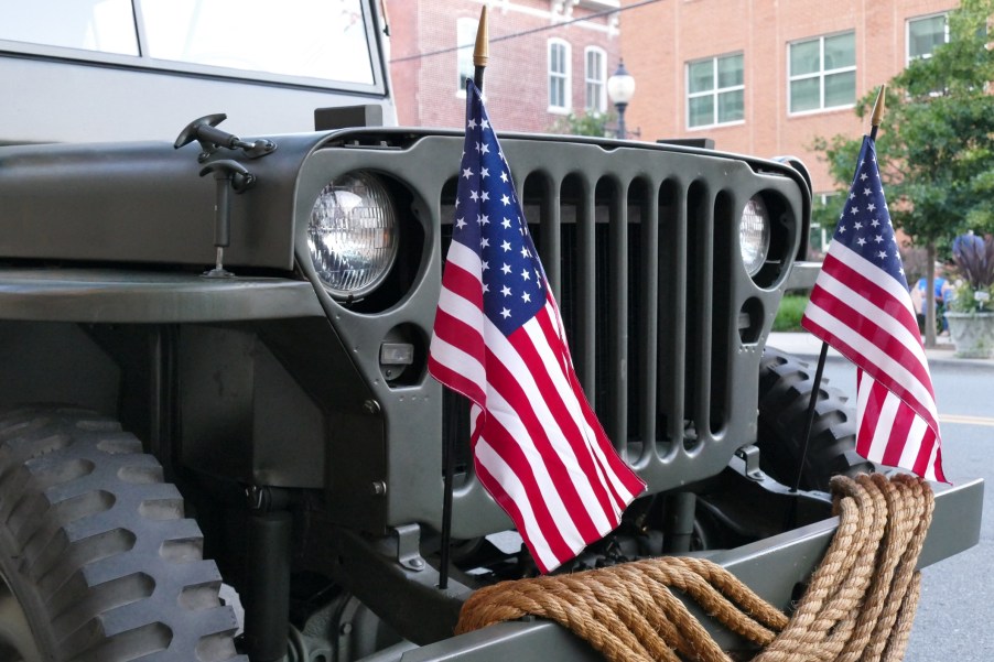A Jeep with American flags