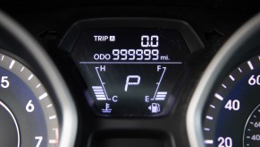Farrah Haines' Hyundai Elantra odometer shows 999,999 miles.